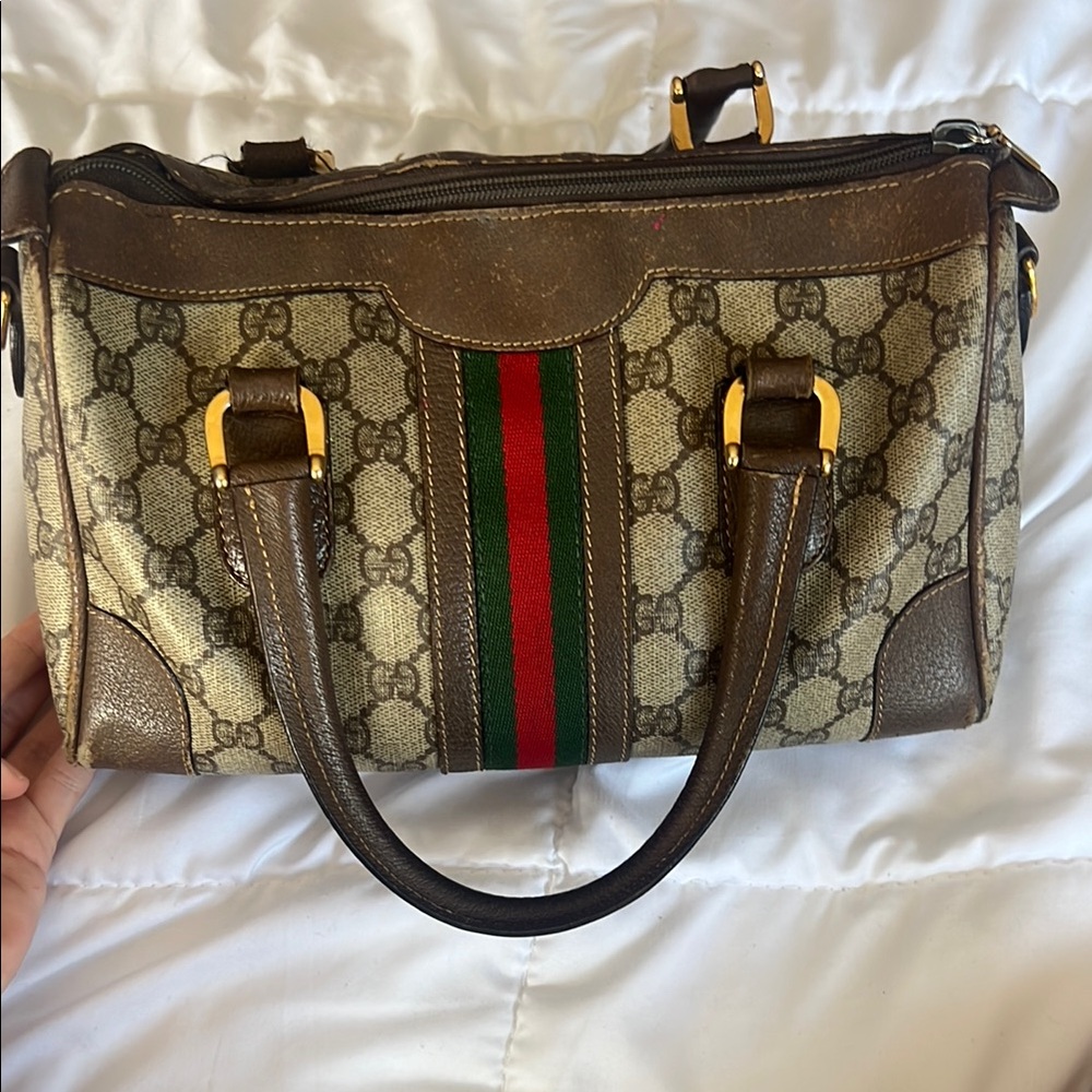 Gucci Brown and Green Satchel with Signature Stripe